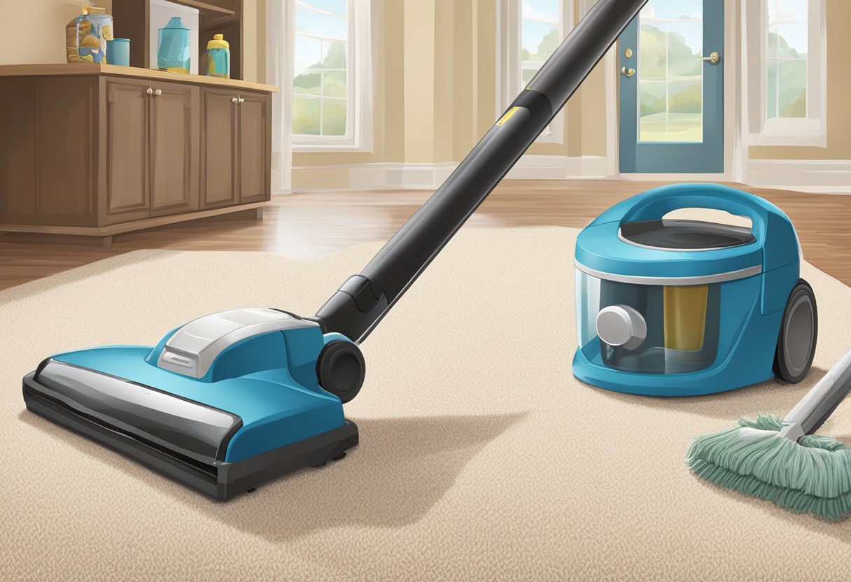 A vacuum cleaner glides across a pristine carpet, while a duster reaches high to clear away cobwebs. A mop sweeps across gleaming floors, and a spray bottle leaves countertops sparkling clean