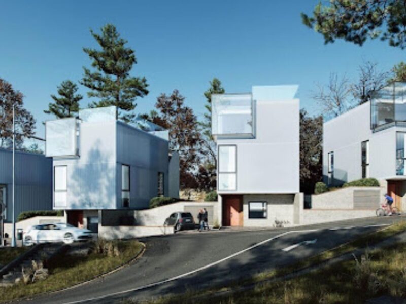 3D rendering of a cottage renovation — exterior update with new landscaping and design details