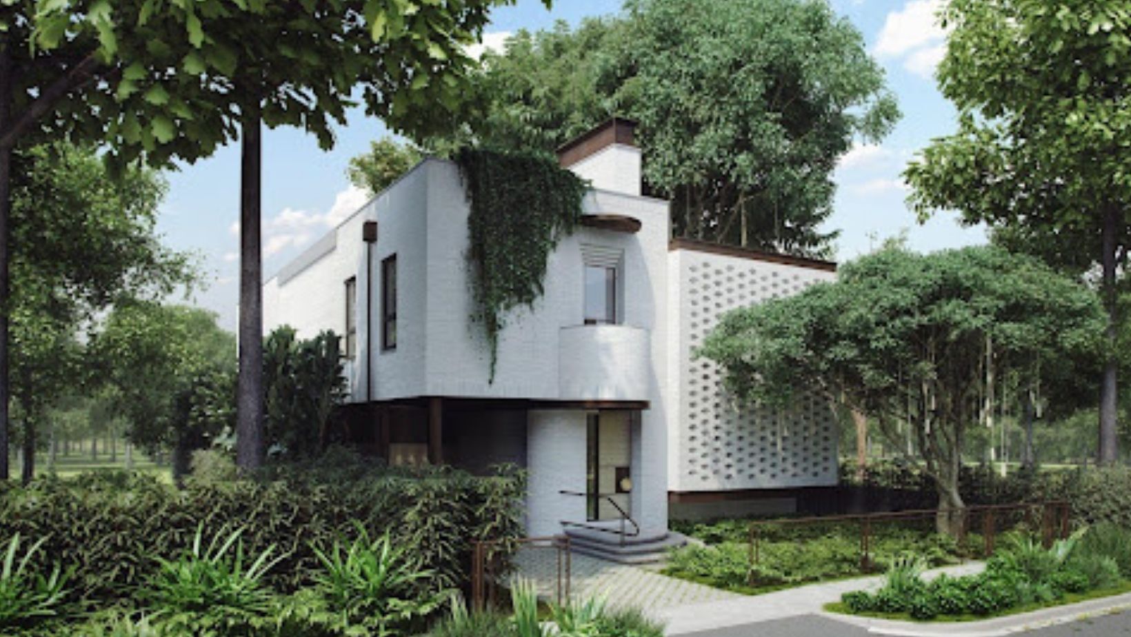 3D render of a renovated home shown in its full garden and street context