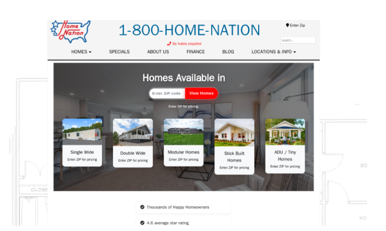 A screenshot of the Home Nation website with its logo, navigation, phone number, and ZIP-code search.