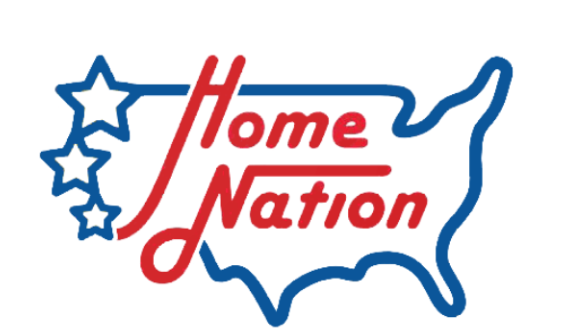 The image shows the Home Nation logo, with red script lettering over a blue outline of the continental United States and three blue stars. Image: Home Nation